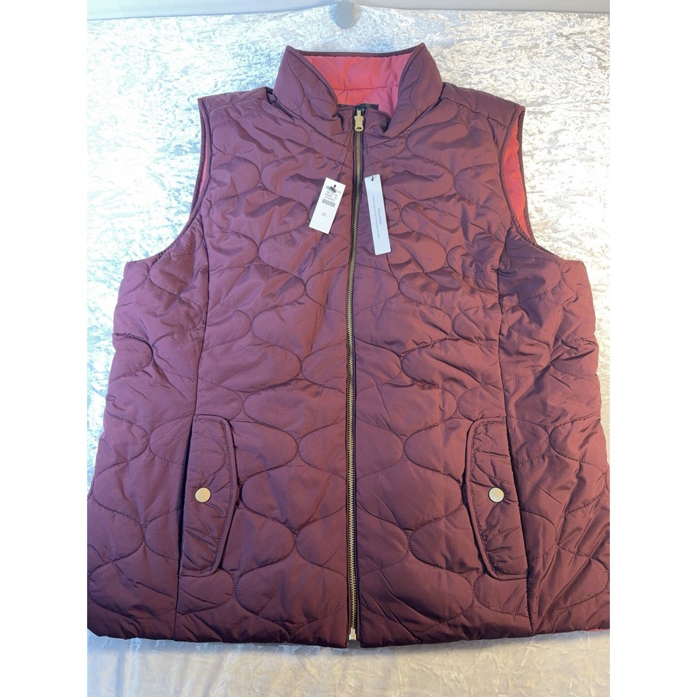 Talbots Women's XL Reversible Quilted Vest Burgundy Pink NWT Full Zip Puffer